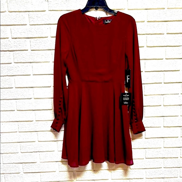 NWT Lulu's Maroon Fit and Flare Bishop Sleeve Dress - Picture 1 of 6